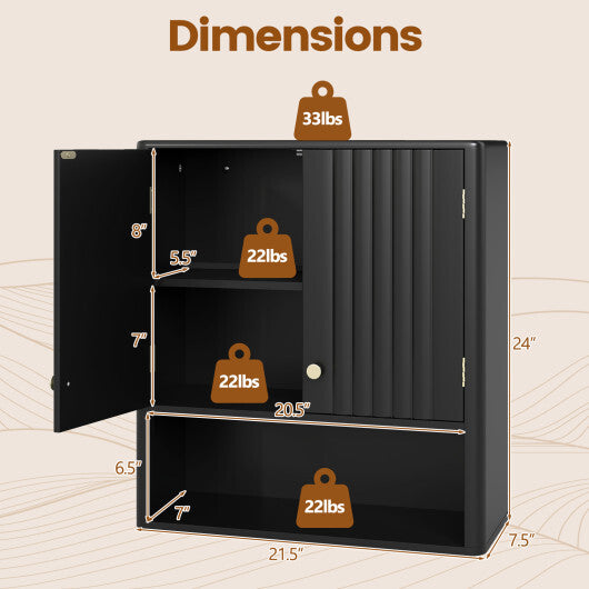 Fluted Bathroom Wall Cabinet with Open Shelf-Black