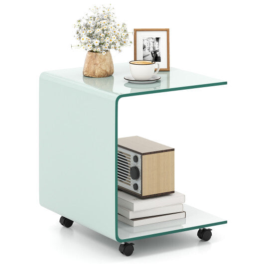 C-Shaped End Table Modern Tempered Glass Side Table with Shelf-White W2B