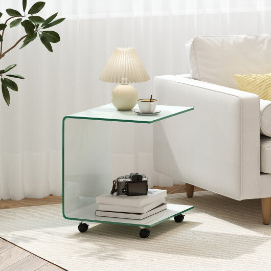 C-Shaped End Table Modern Tempered Glass Side Table with Shelf-White W2B