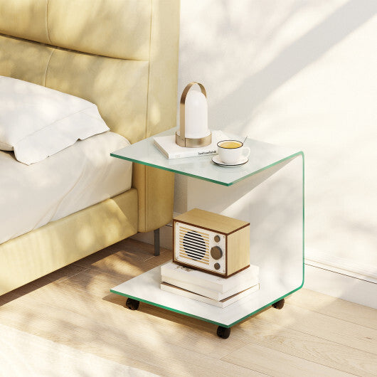 C-Shaped End Table Modern Tempered Glass Side Table with Shelf-White W2B
