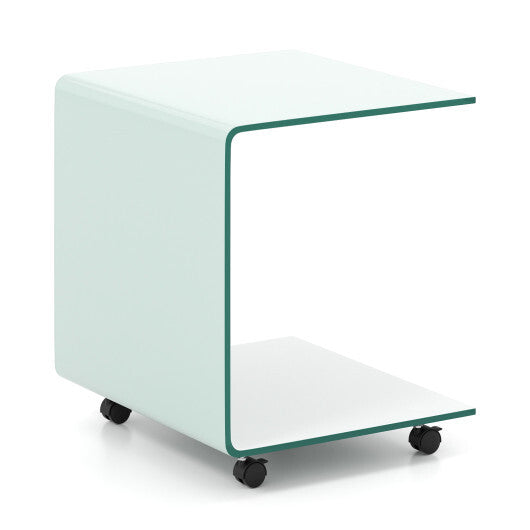 C-Shaped End Table Modern Tempered Glass Side Table with Shelf-White W2B