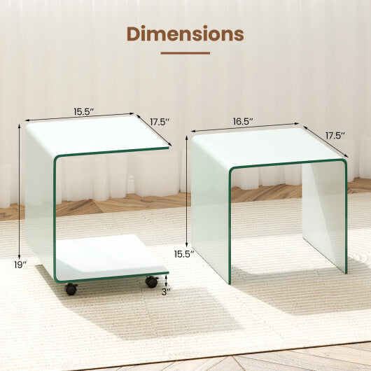 C-Shaped End Table Modern Tempered Glass Side Table with Shelf-White W2B