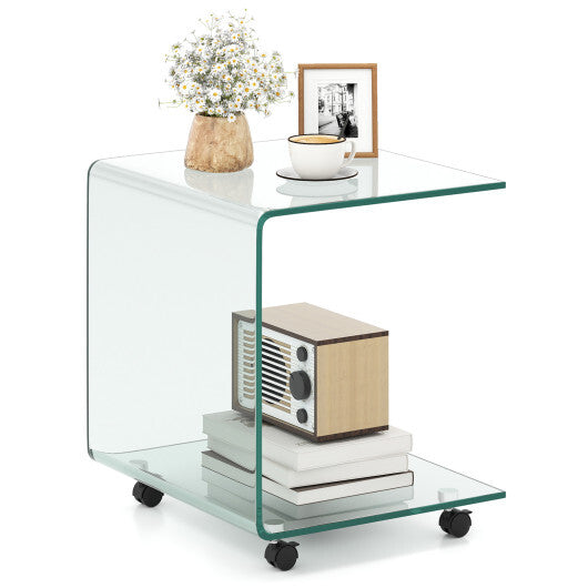 C-Shaped End Table Modern Tempered Glass Side Table with Shelf-White W2B