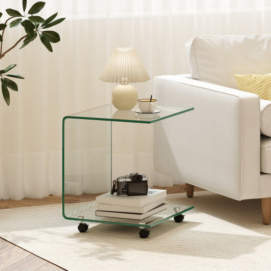 C-Shaped End Table Modern Tempered Glass Side Table with Shelf-White W2B