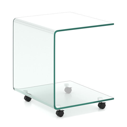 C-Shaped End Table Modern Tempered Glass Side Table with Shelf-White W2B