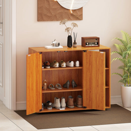 3-Tier Shoe Cabinet with Doors with Adjustable Open Shelves for Entryway-Natural W2B