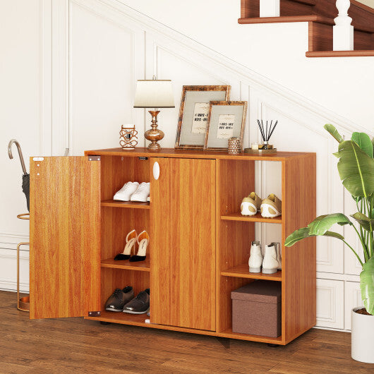 3-Tier Shoe Cabinet with Doors with Adjustable Open Shelves for Entryway-Natural W2B