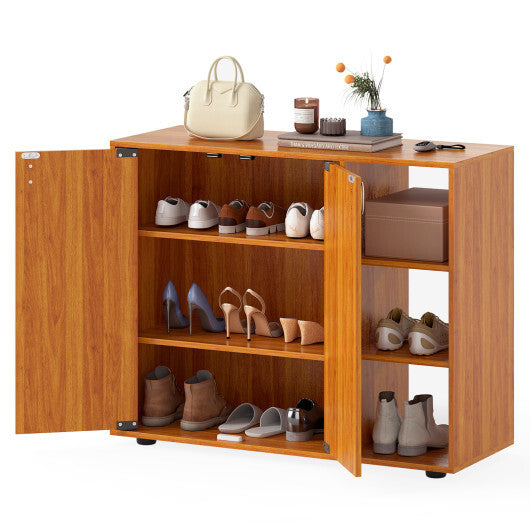 3-Tier Shoe Cabinet with Doors with Adjustable Open Shelves for Entryway-Natural W2B
