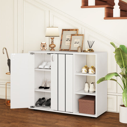 3-Tier Shoe Cabinet with Doors with Adjustable Open Shelves for Entryway-Natural W2B