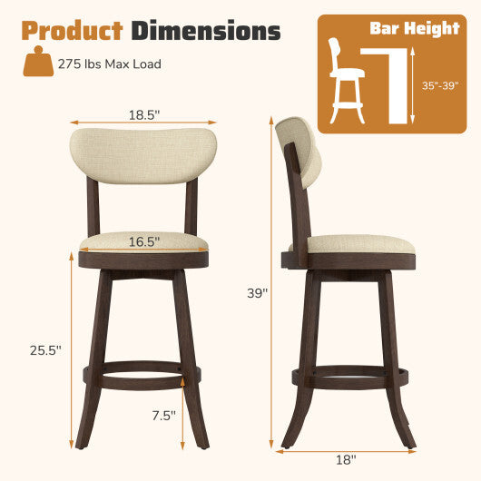 25.5 Inch Counter Height Chairs Set of 2 with Padded Seat and Backrest-Brown W2B