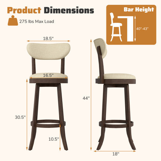 30.5 Inch Bar Height Chairs Set of 2 Swivel High Barstool with Padded Seat and Backrest-Brown