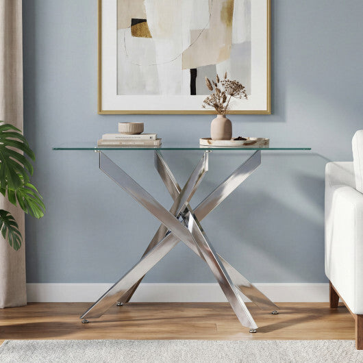 Glass Console Table Modern Entryway Table with Clear Tempered Glass Top-Silver W2B