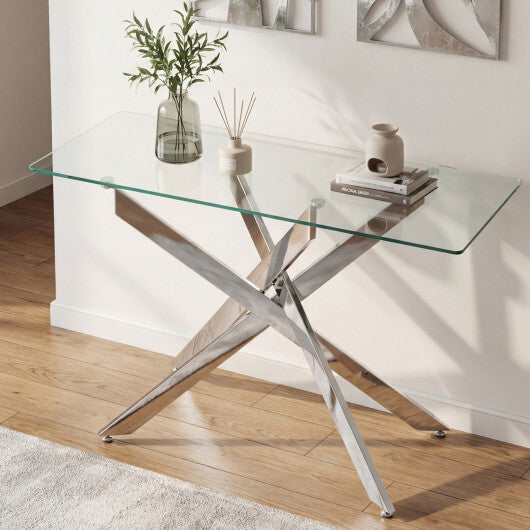 Glass Console Table Modern Entryway Table with Clear Tempered Glass Top-Silver W2B