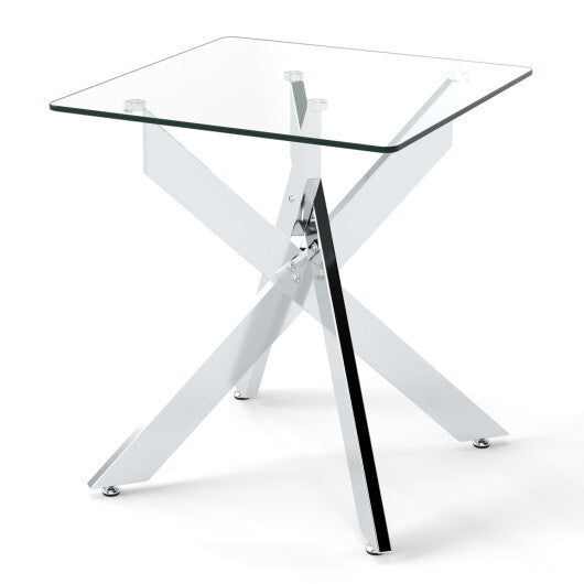 Glass Side Table Square End Table with Tempered Glass Top and Metal X Base-Silver W2B
