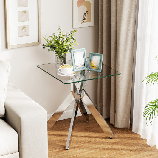 Glass Side Table Square End Table with Tempered Glass Top and Metal X Base-Silver W2B