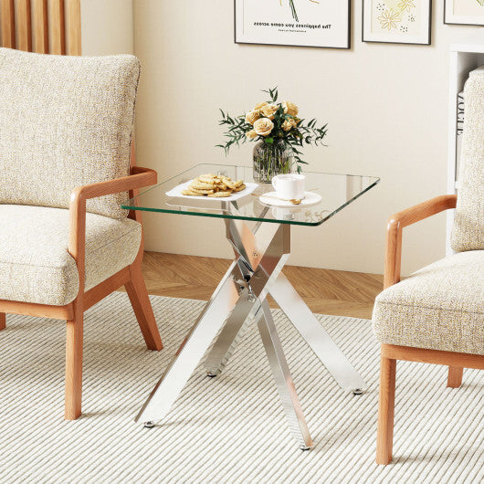Glass Side Table Square End Table with Tempered Glass Top and Metal X Base-Silver W2B