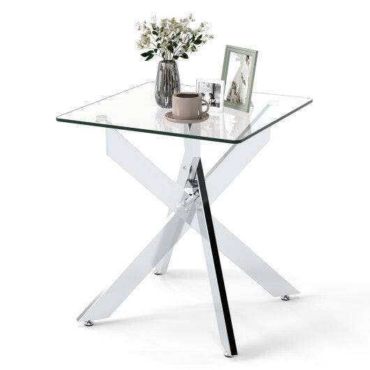 Glass Side Table Square End Table with Tempered Glass Top and Metal X Base-Silver W2B