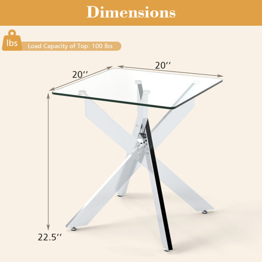 Glass Side Table Square End Table with Tempered Glass Top and Metal X Base-Silver W2B