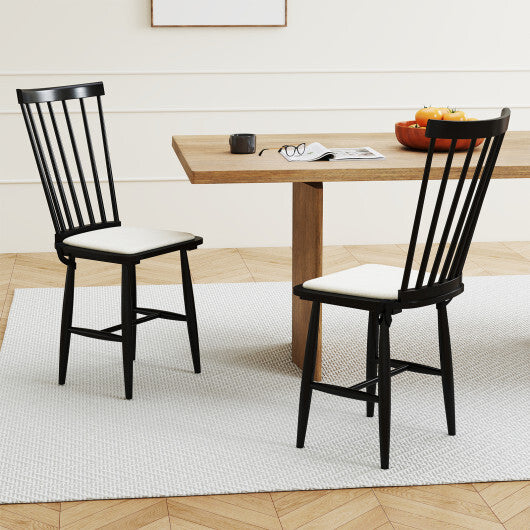 Dining Chairs Set of 2 Farmhouse Solid Rubber Wood Windsor Chairs with Removable Seat Cushions-Black W2B