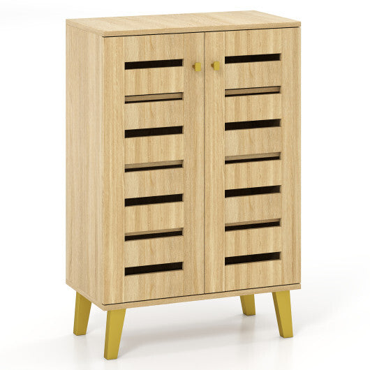 4-Tier Modern Freestanding  Wooden Shoe Cabinet with Doors and Removable Shelves-Oak W2B