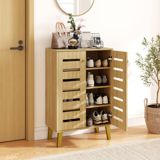 4-Tier Modern Freestanding  Wooden Shoe Cabinet with Doors and Removable Shelves-Oak W2B