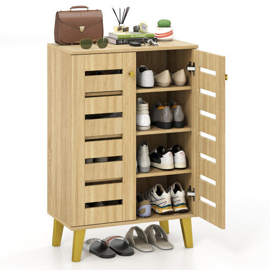 4-Tier Modern Freestanding  Wooden Shoe Cabinet with Doors and Removable Shelves-Oak W2B