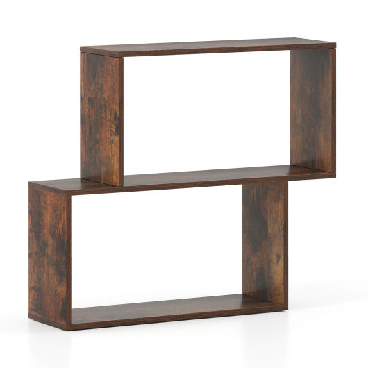 3-Tier Geometric Bookshelf Freestanding Wooden Bookcase with 2 Cubic Compartments-Brown W2B