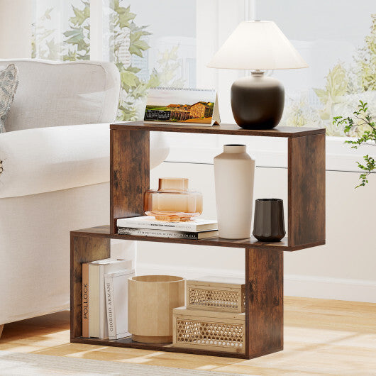 3-Tier Geometric Bookshelf Freestanding Wooden Bookcase with 2 Cubic Compartments-Brown W2B