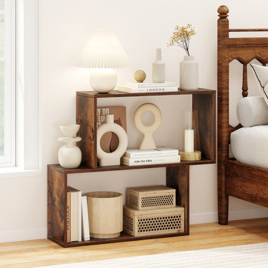 3-Tier Geometric Bookshelf Freestanding Wooden Bookcase with 2 Cubic Compartments-Brown W2B
