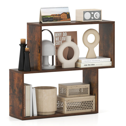 3-Tier Geometric Bookshelf Freestanding Wooden Bookcase with 2 Cubic Compartments-Brown W2B