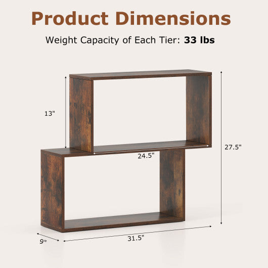 3-Tier Geometric Bookshelf Freestanding Wooden Bookcase with 2 Cubic Compartments-Brown W2B