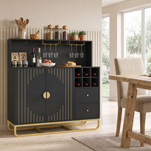 Home Bar Cabinet with Wine Rack Glass Holder and Adjustable Shelf-Black W2B