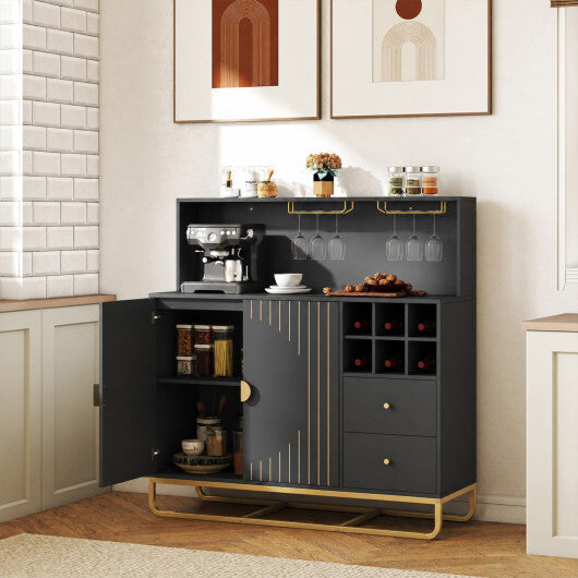 Home Bar Cabinet with Wine Rack Glass Holder and Adjustable Shelf-Black W2B