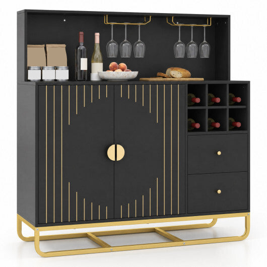 Home Bar Cabinet with Wine Rack Glass Holder and Adjustable Shelf-Black W2B