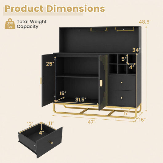 Home Bar Cabinet with Wine Rack Glass Holder and Adjustable Shelf-Black W2B