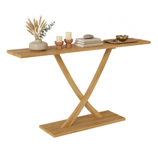 57 Inch Solid Wood Console Table with Teak Wood Frame and Geometric Design W2B