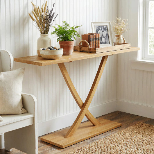 57 Inch Solid Wood Console Table with Teak Wood Frame and Geometric Design W2B