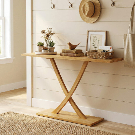 57 Inch Solid Wood Console Table with Teak Wood Frame and Geometric Design W2B