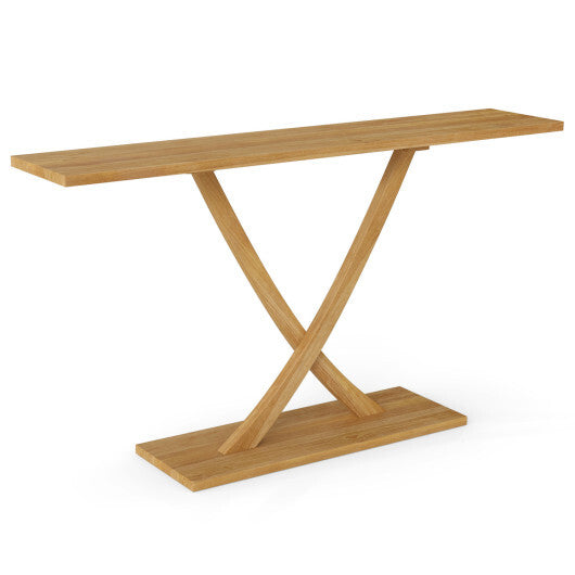 57 Inch Solid Wood Console Table with Teak Wood Frame and Geometric Design W2B
