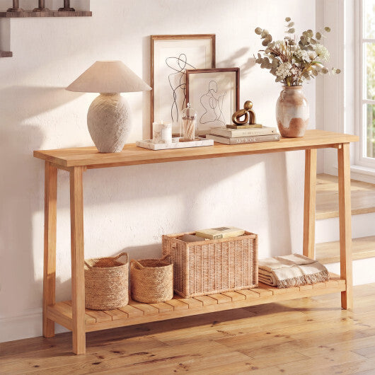 2-Tier Farmhouse Sofa Table with Teak Wood Frame and Storage Shelf W2B