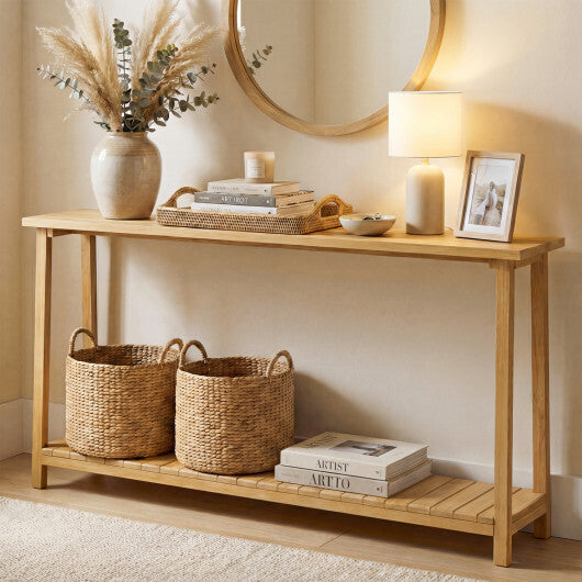 2-Tier Farmhouse Sofa Table with Teak Wood Frame and Storage Shelf W2B