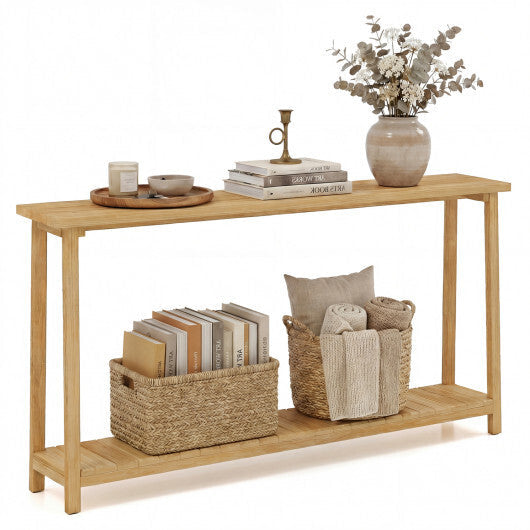 2-Tier Farmhouse Sofa Table with Teak Wood Frame and Storage Shelf W2B