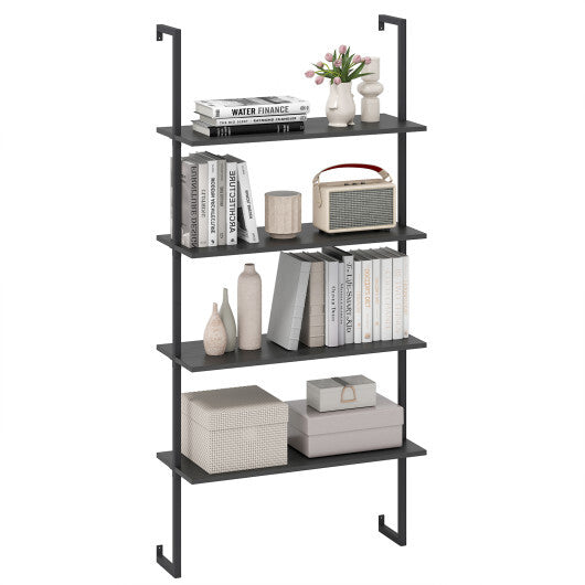 4-Tier Ladder Shelf Open Wall Mounted Bookcase with Wooden Boards and Metal Frame-Black W2B