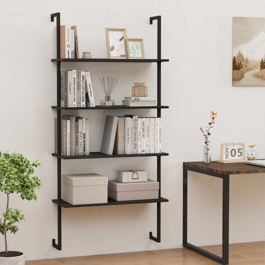 4-Tier Ladder Shelf Open Wall Mounted Bookcase with Wooden Boards and Metal Frame-Black W2B