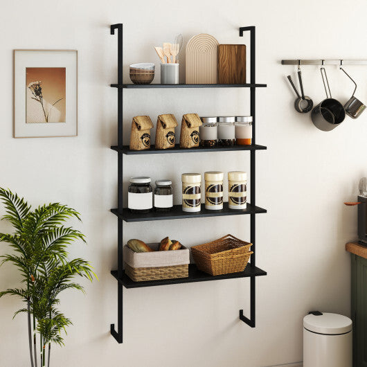 4-Tier Ladder Shelf Open Wall Mounted Bookcase with Wooden Boards and Metal Frame-Black W2B