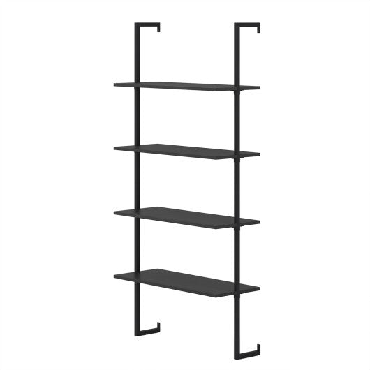 4-Tier Ladder Shelf Open Wall Mounted Bookcase with Wooden Boards and Metal Frame-Black W2B