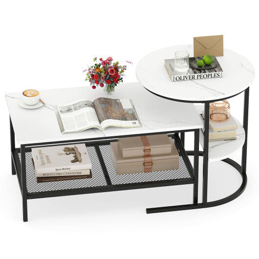 Coffee Table Set of 2 2-Tier Rectangle Coffee Table and Side End Table with Storage Shelves-White W2B