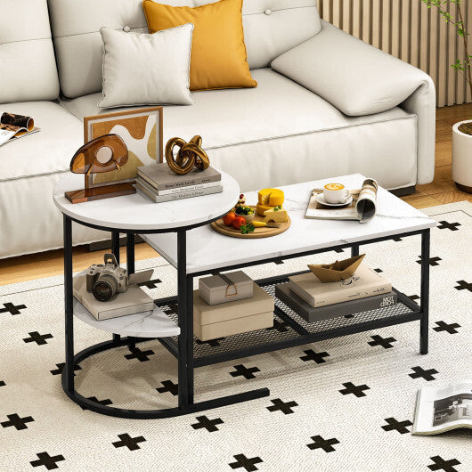 Coffee Table Set of 2 2-Tier Rectangle Coffee Table and Side End Table with Storage Shelves-White W2B