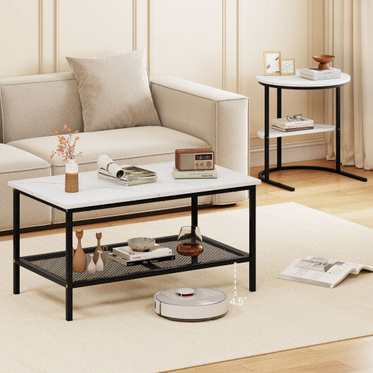Coffee Table Set of 2 2-Tier Rectangle Coffee Table and Side End Table with Storage Shelves-White W2B