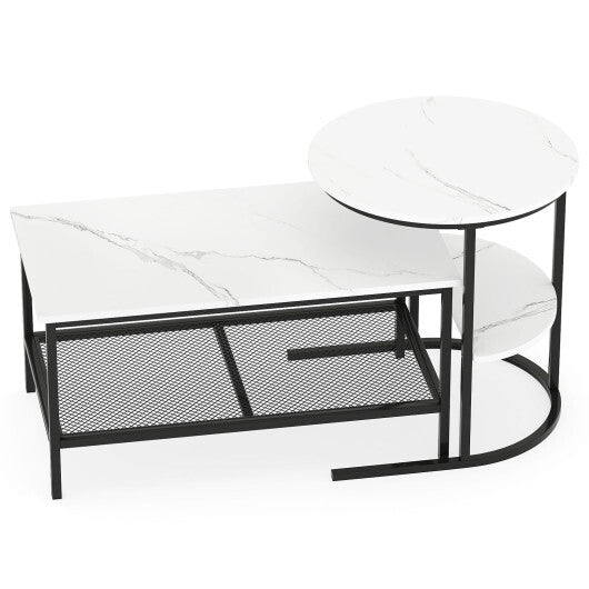 Coffee Table Set of 2 2-Tier Rectangle Coffee Table and Side End Table with Storage Shelves-White W2B